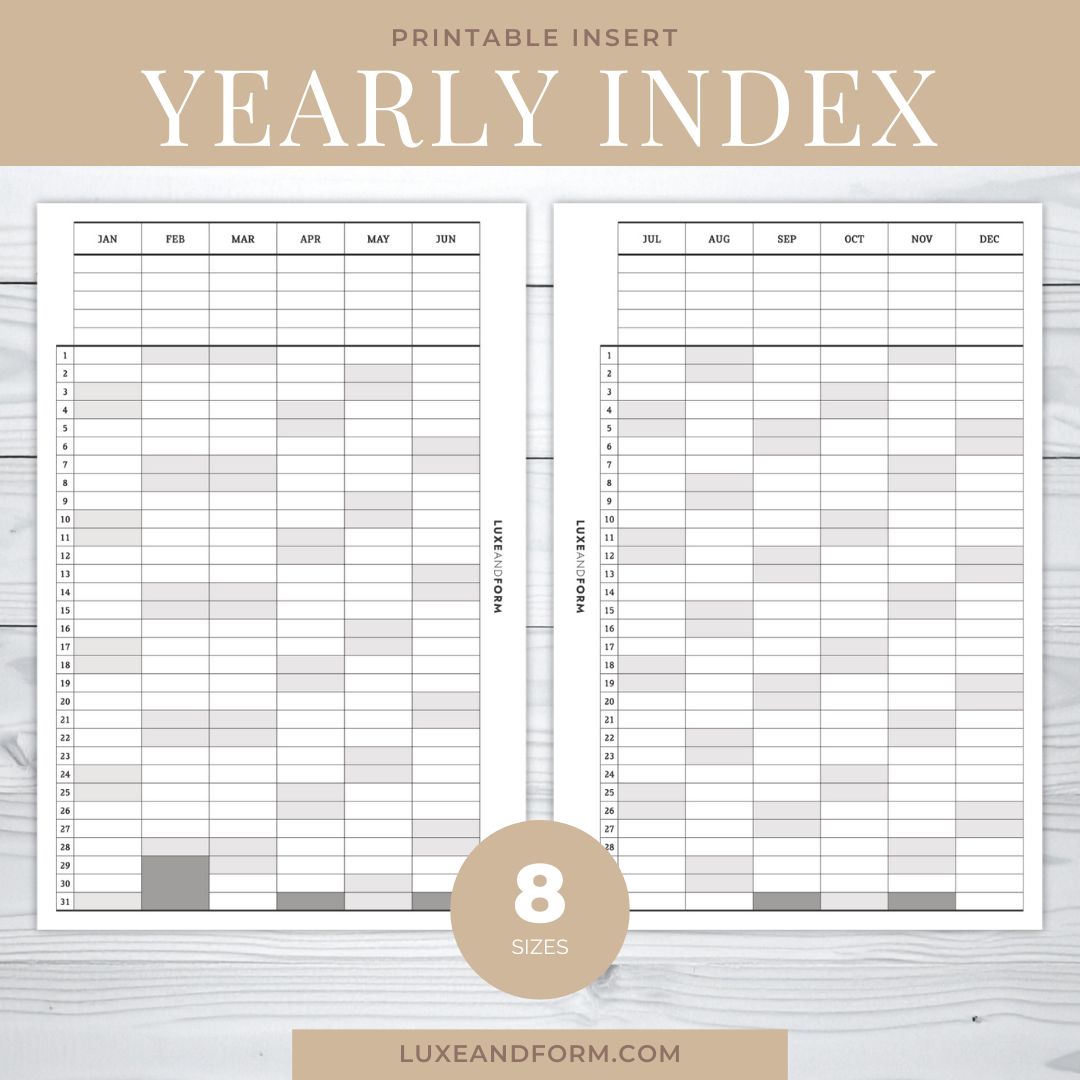 Yearly Index Printable Planner Insert (#001)