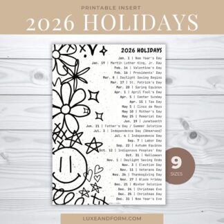 2026 Holidays Printable Planner Insert Freebie (#002)